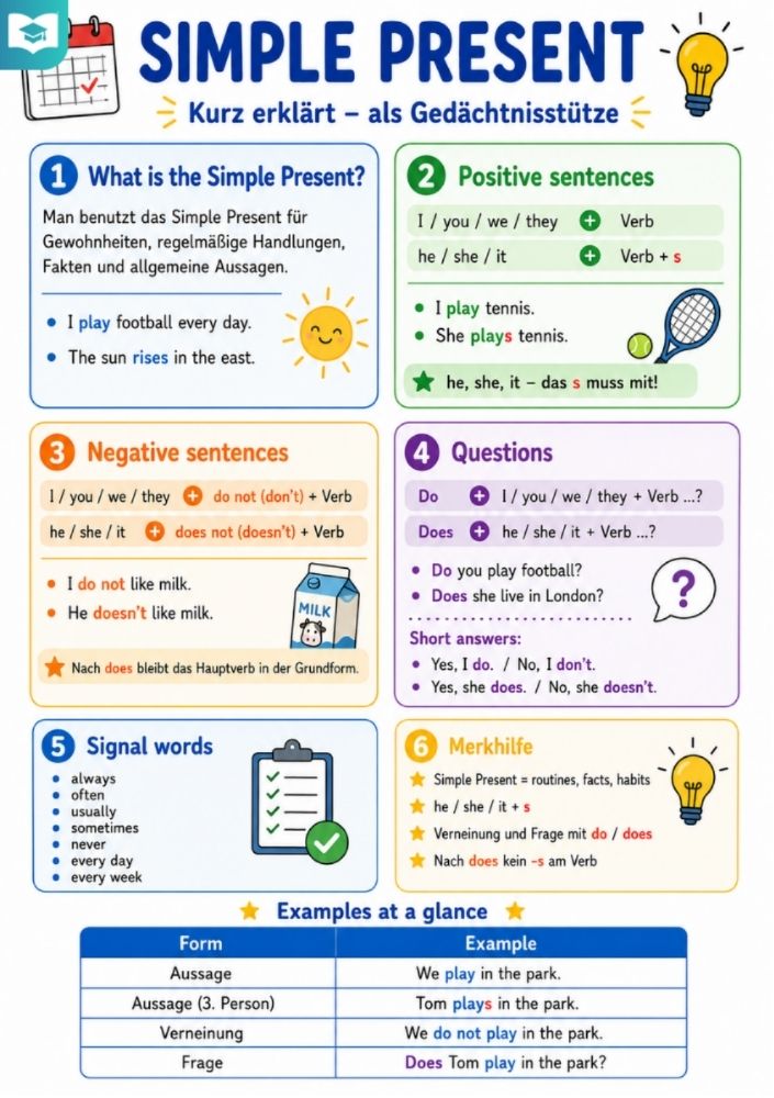 Simple Present – Englisch-Lernkarte (kostenloses PDF)
