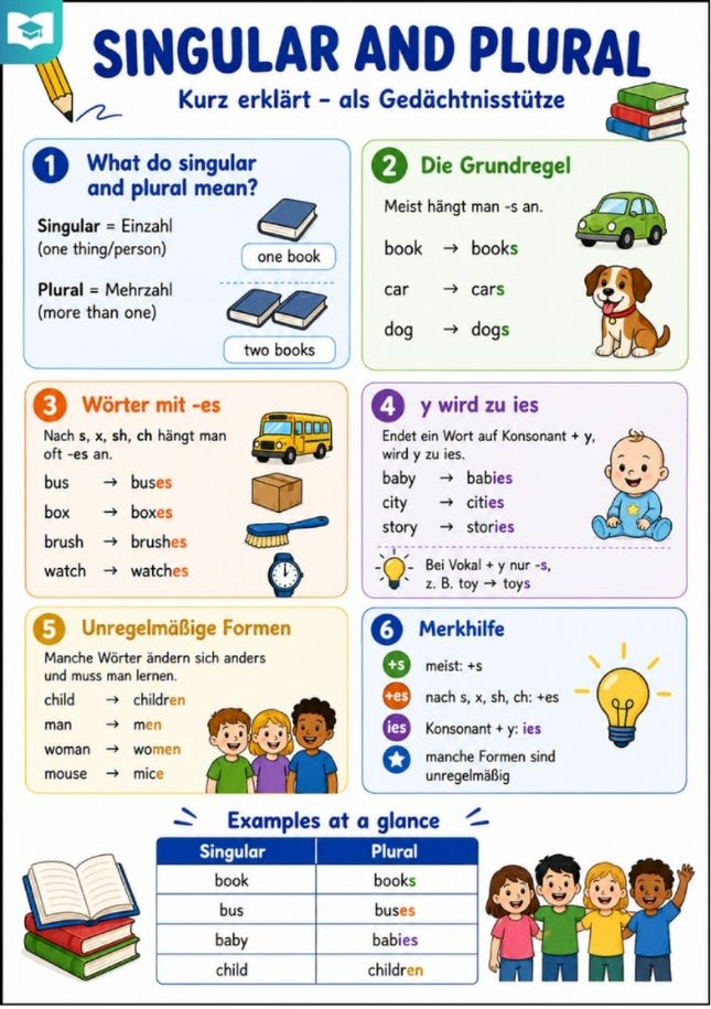 Singular and Plural – Englisch-Lernkarte (kostenloses PDF)