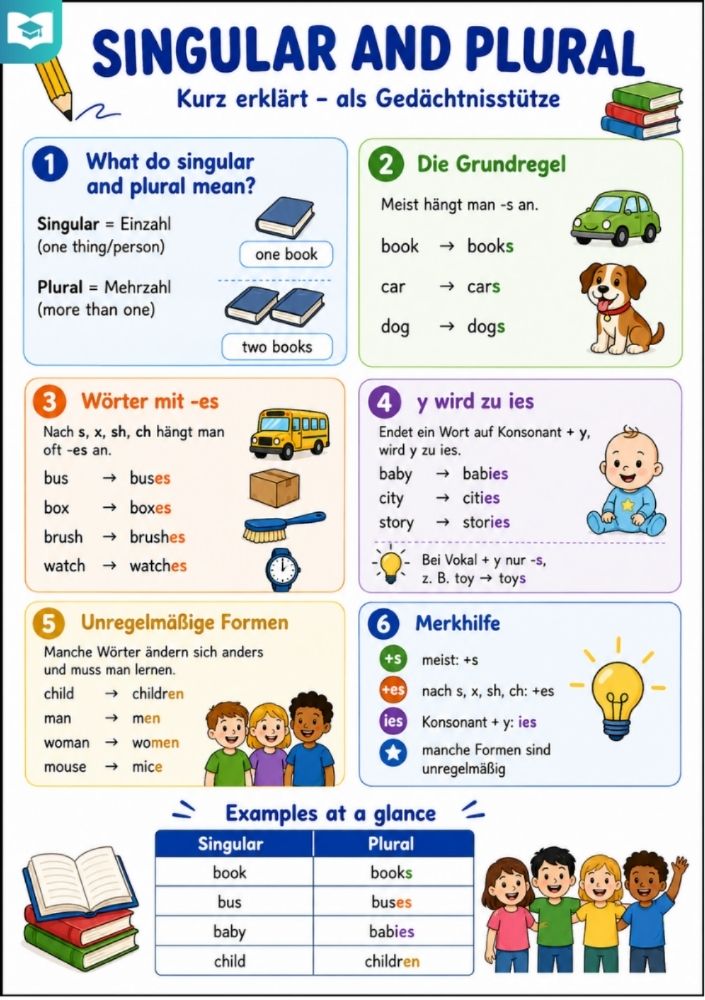 Singular and Plural – Englisch-Lernkarte (kostenloses PDF)