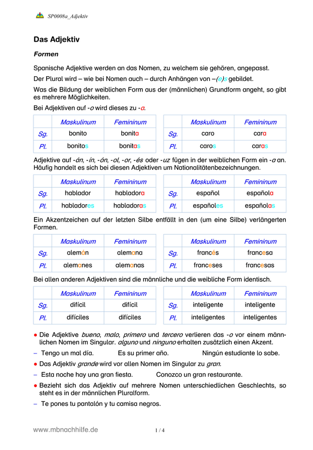 Spanisch Arbeitsblatt: Adjektive – Formen, Stellung & Gebrauch