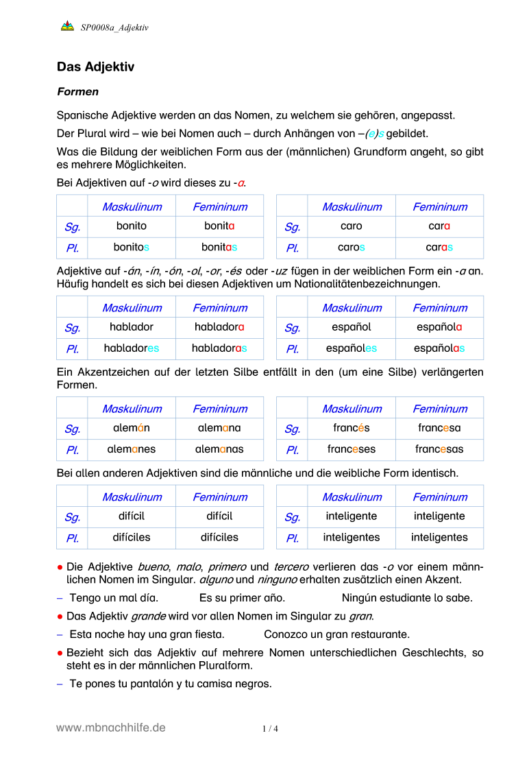 Spanisch Arbeitsblatt: Adjektive – Formen, Stellung & Gebrauch