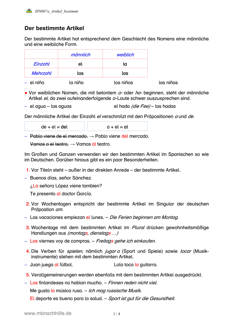 Spanisch Arbeitsblatt: Der bestimmte Artikel – Regeln, Besonderheiten & Übungen