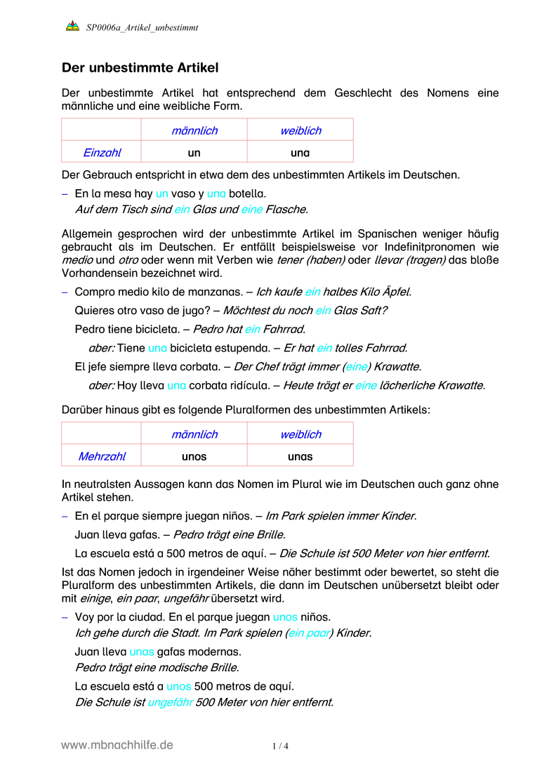 Spanisch Arbeitsblatt: Der unbestimmte Artikel – un, una, unos, unas