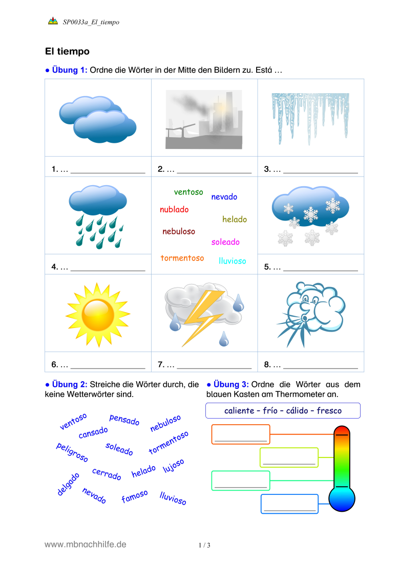 Spanisch Arbeitsblatt: El tiempo – Wetterbegriffe und Wetterlage