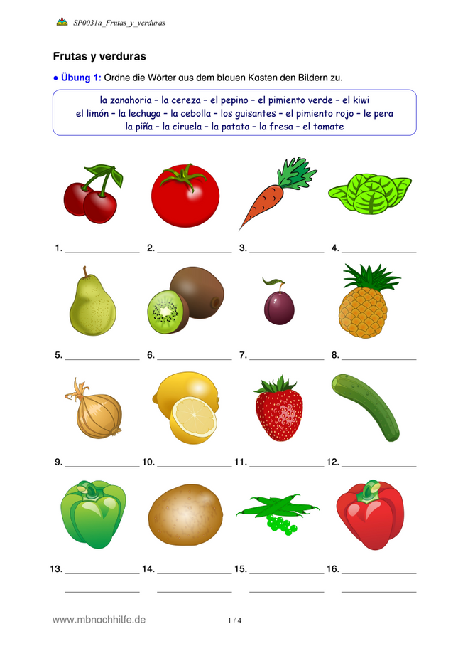 Spanisch Arbeitsblatt: Frutas y verduras – Obst und Gemüse