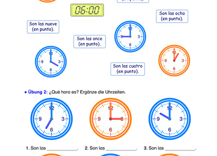 Spanisch Arbeitsblatt: La hora – Uhrzeiten grafisch auf Spanisch lernen