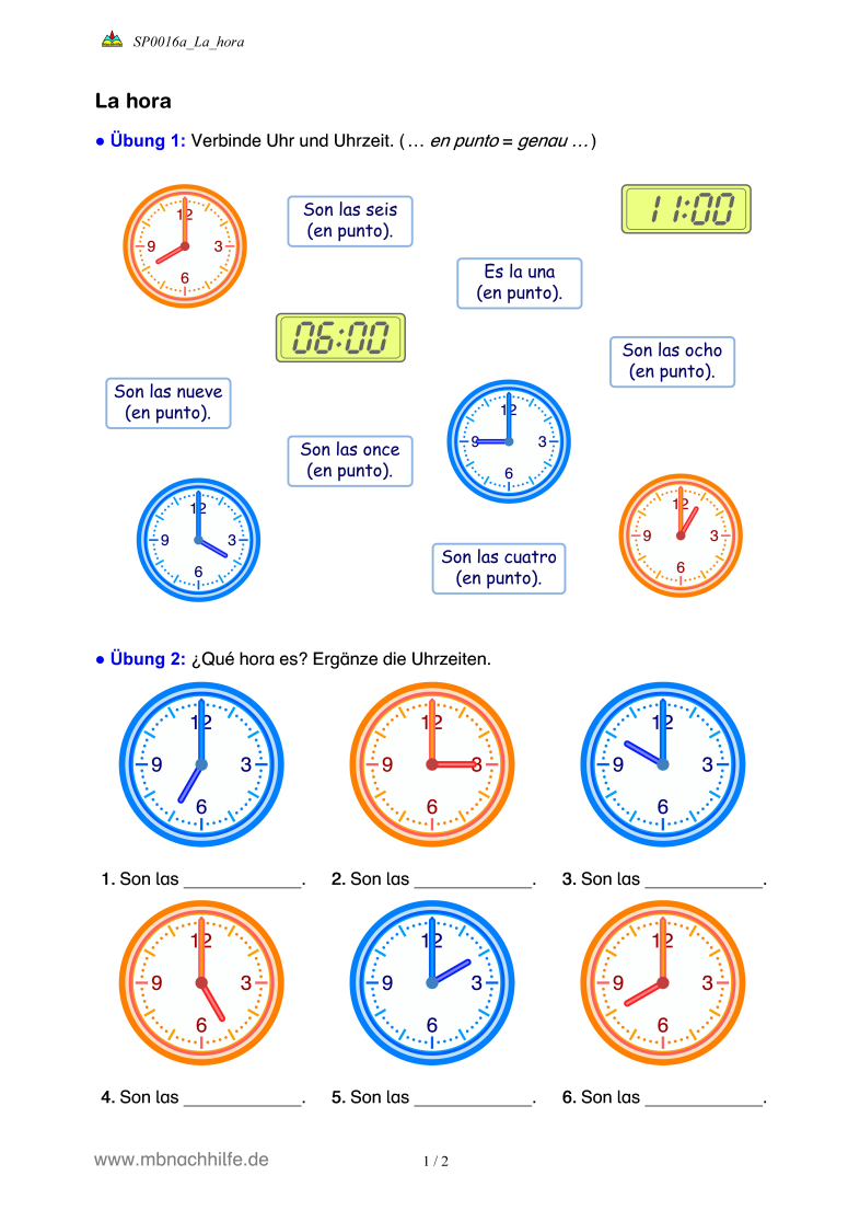 Spanisch Arbeitsblatt: La hora – Uhrzeiten grafisch auf Spanisch lernen
