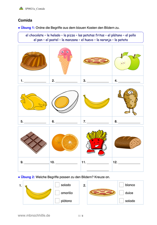 Spanisch Arbeitsblatt: Lebensmittel & Speisen (Comida)
