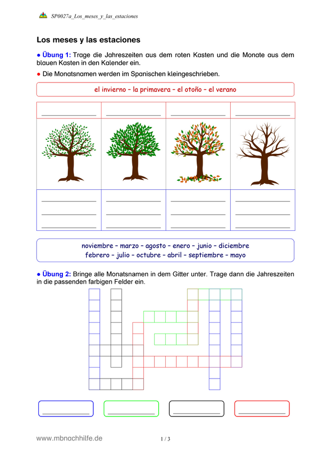 Spanisch Arbeitsblatt: Monate & Jahreszeiten – Los meses y las estaciones