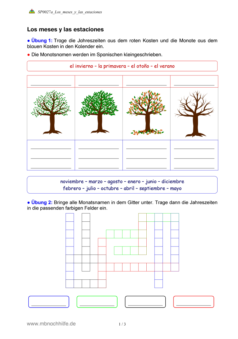 Spanisch Arbeitsblatt: Monate & Jahreszeiten – Los meses y las estaciones