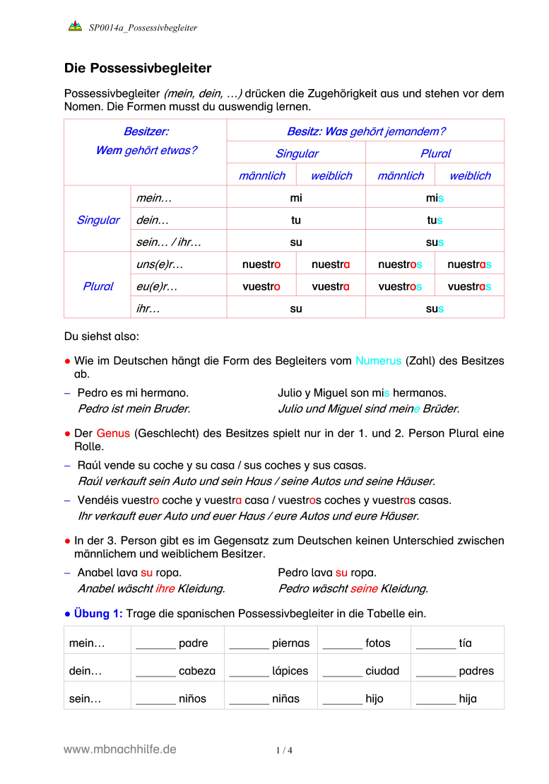 Spanisch Arbeitsblatt: Possessivbegleiter – mi, tu, su, nuestro, vuestro