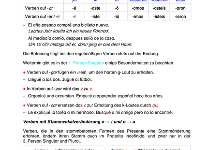 Spanisch Arbeitsblatt: Pretérito indefinido – regelmäßige & unregelmäßige Verben