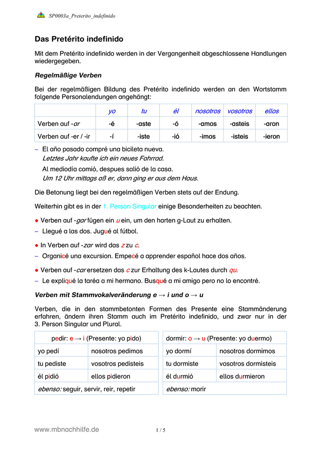 Spanisch Arbeitsblatt: Pretérito indefinido – regelmäßige & unregelmäßige Verben