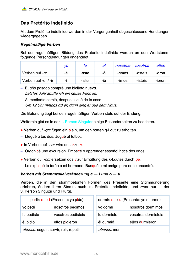 Spanisch Arbeitsblatt: Pretérito indefinido – regelmäßige & unregelmäßige Verben