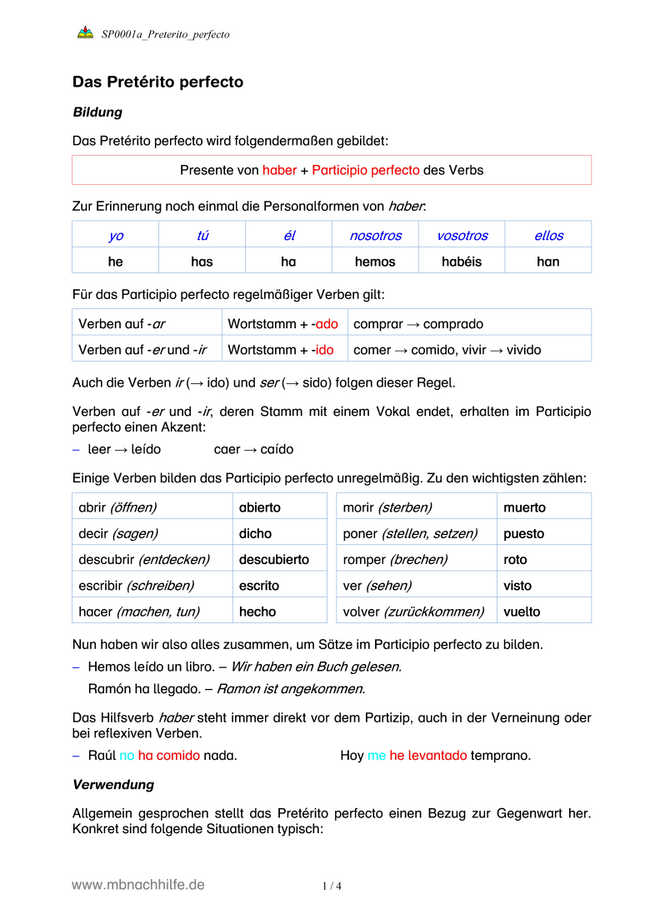 Spanisch Arbeitsblatt: Pretérito perfecto – Bildung & Anwendung der Vergangenheit
