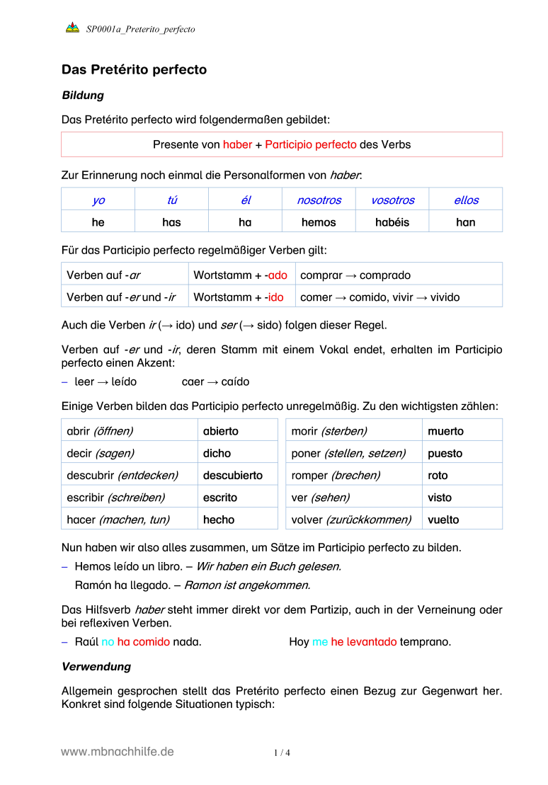 Spanisch Arbeitsblatt: Pretérito perfecto – Bildung & Anwendung der Vergangenheit