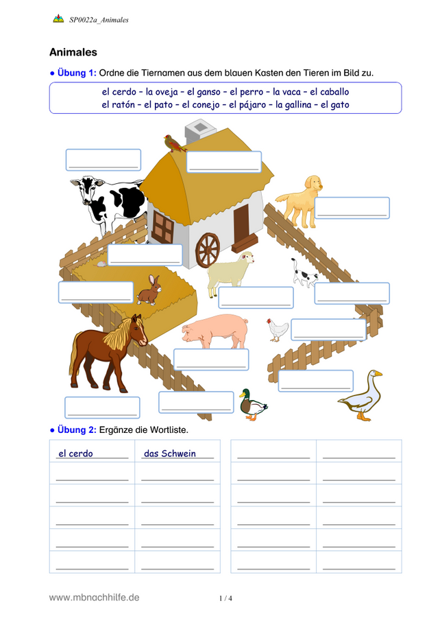 Spanisch Arbeitsblatt: Tiere – Haustiere & Bauernhoftiere