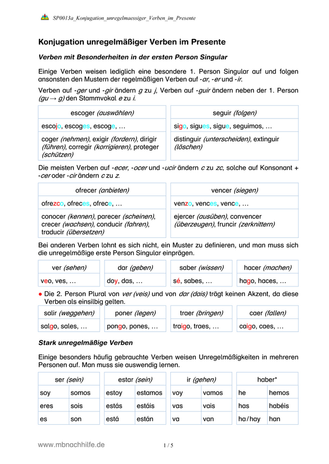 Spanisch Arbeitsblatt: Unregelmäßige Verben im Presente – Konjugation & Anwendung