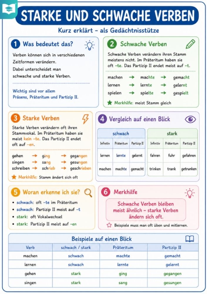 Starke und schwache Verben – Deutsch-Lernkarte (kostenloses PDF)