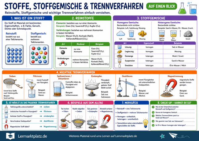 Stoffe, Stoffgemische & Trennverfahren verstehen – Reinstoffe, Gemische & Trennen einfach erklärt – Lernposter / Lernplakat als PDF