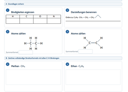 Strukturformeln organischer Moleküle zeichnen – kostenloses Chemie-Arbeitsblatt mit Lösungen (PDF)