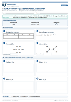 Strukturformeln organischer Moleküle zeichnen – kostenloses Chemie-Arbeitsblatt mit Lösungen (PDF)