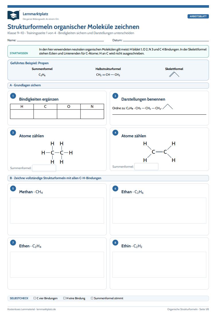 Strukturformeln organischer Moleküle zeichnen – kostenloses Chemie-Arbeitsblatt mit Lösungen (PDF)