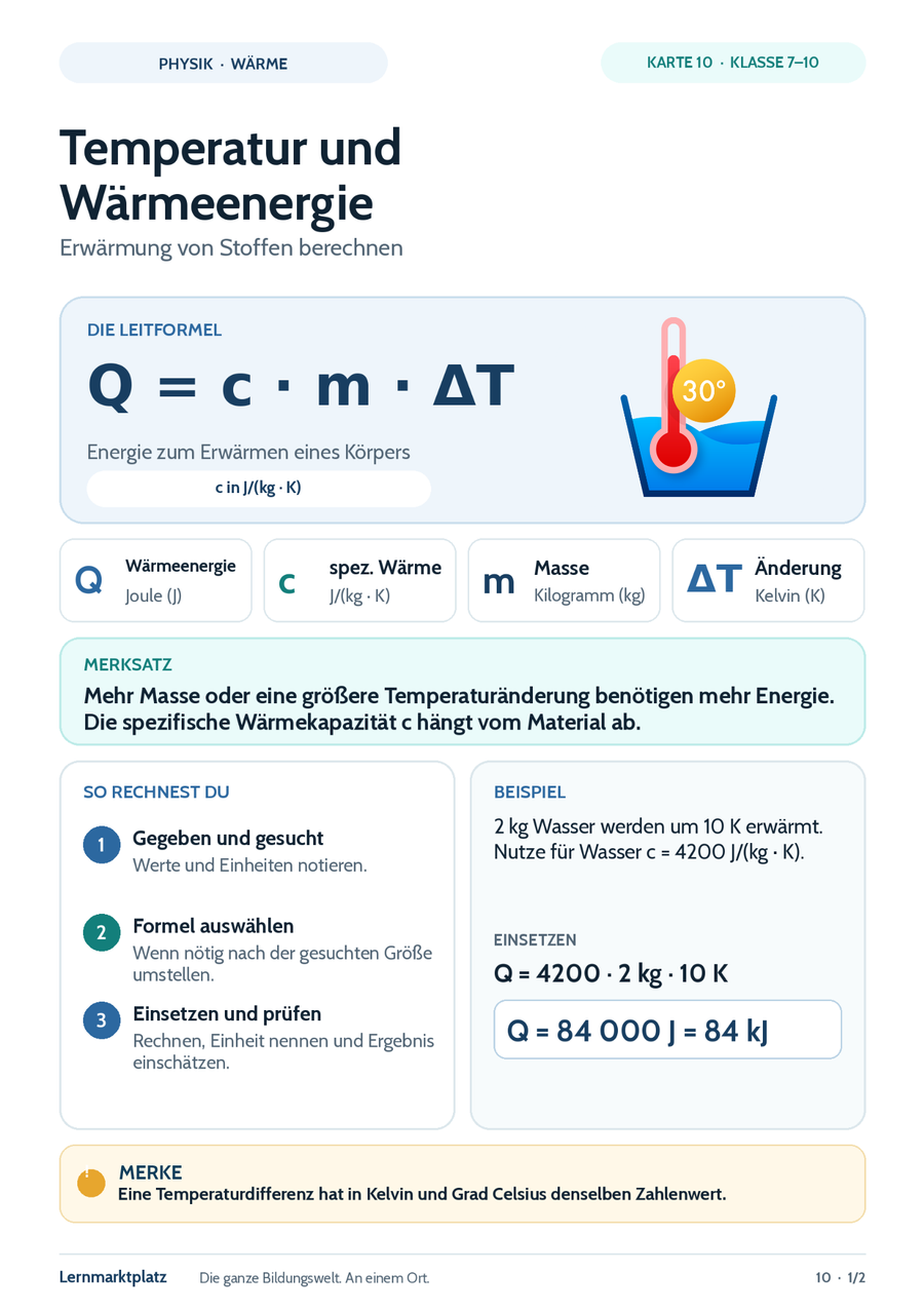 Temperatur und Wärmeenergie – Physik-Lernkarte (kostenloses PDF)