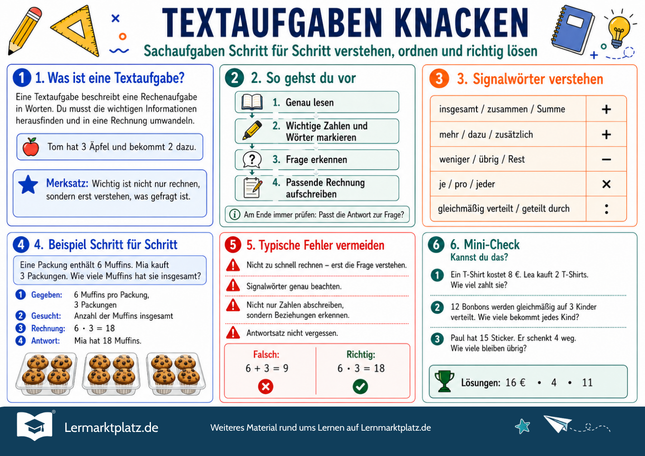 Textaufgaben knacken – Rechenwege erkennen und Aufgaben sicher lösen – Lernposter / Lernplakat als PDF
