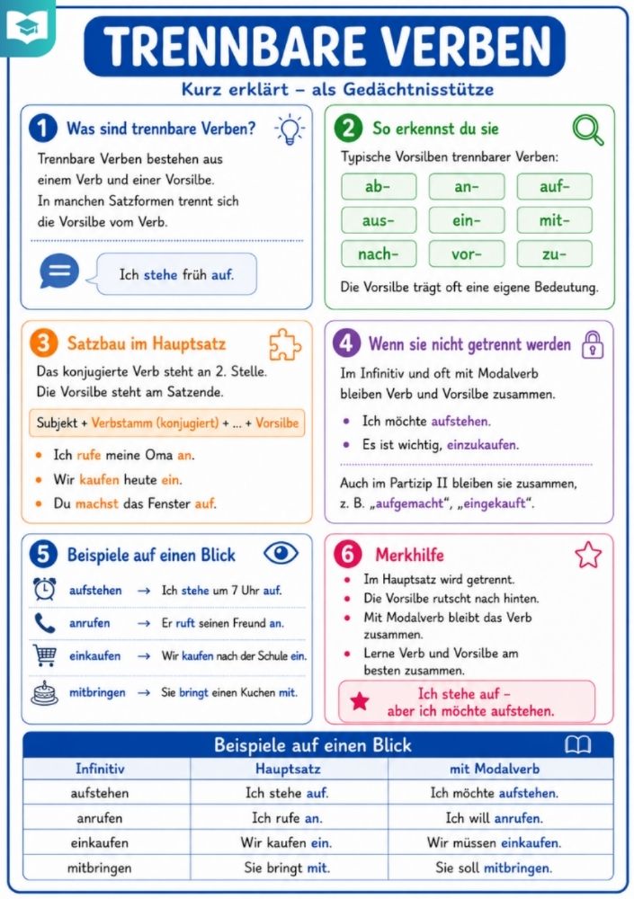 Trennbare Verben – Deutsch-Lernkarte (kostenloses PDF)