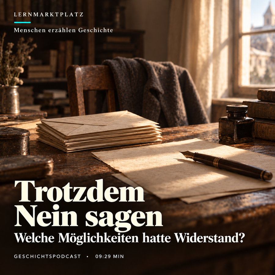 Trotzdem Nein sagen – symbolische KI-Illustration mit Papier, Umschlägen und Füllfederhalter. Keine historische Aufnahme.