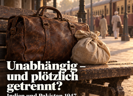 Unabhängig – und plötzlich getrennt? Indien und Pakistan 1947. KI-Symbolbild mit Reisegepäck; keine Darstellung Pritam Kaurs oder ihres historischen Mantels.