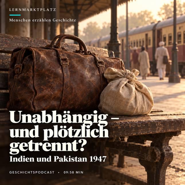 Unabhängig – und plötzlich getrennt? Indien und Pakistan 1947. KI-Symbolbild mit Reisegepäck; keine Darstellung Pritam Kaurs oder ihres historischen Mantels.