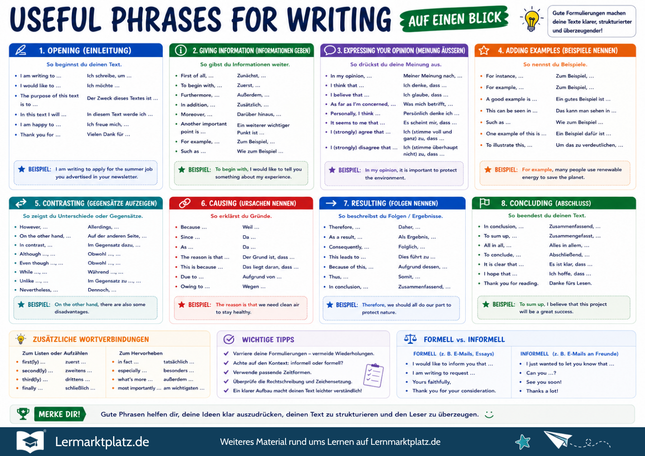 Useful Phrases for Writing – englische Satzanfänge & Formulierungen – Lernposter / Lernplakat als PDF