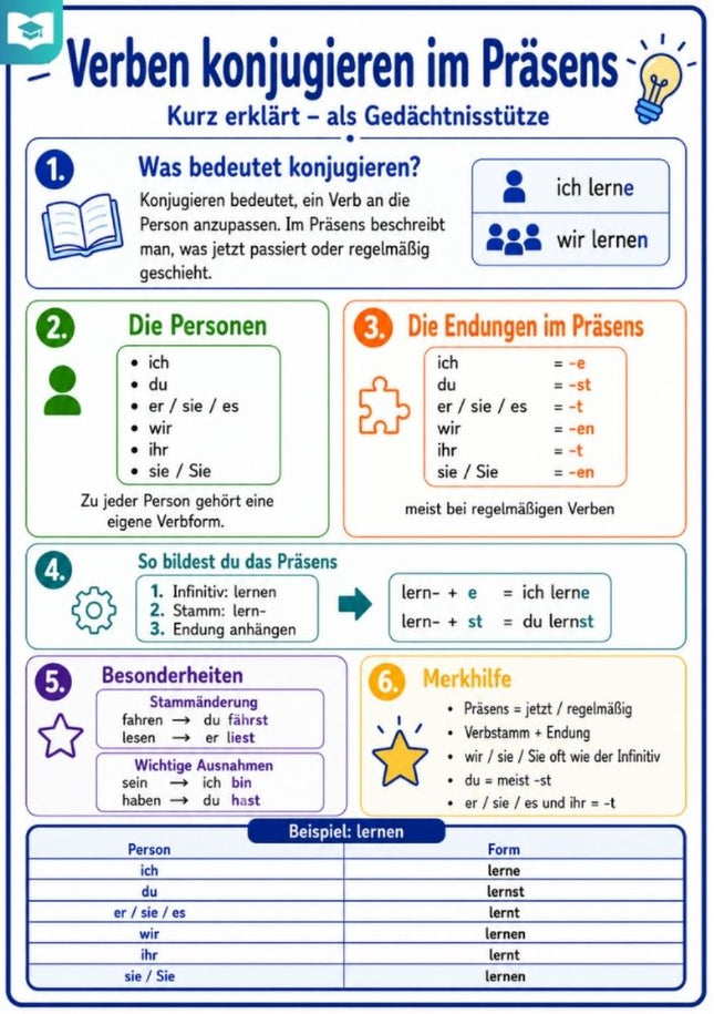 Verben konjugieren im Präsens – Deutsch-Lernkarte (kostenloses PDF)