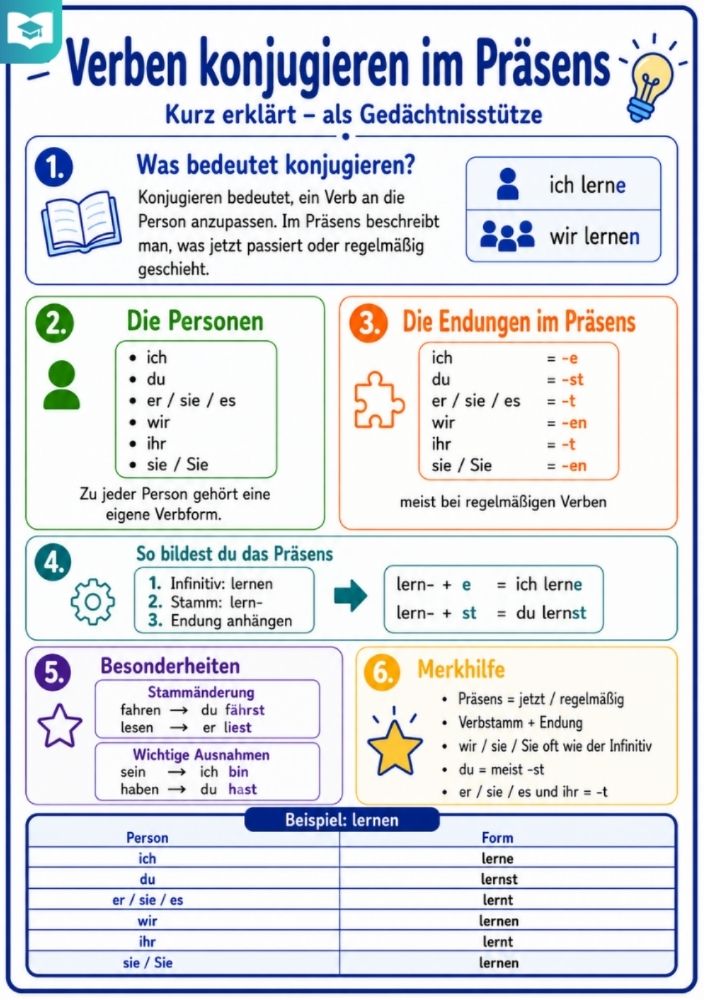 Verben konjugieren im Präsens – Deutsch-Lernkarte (kostenloses PDF)