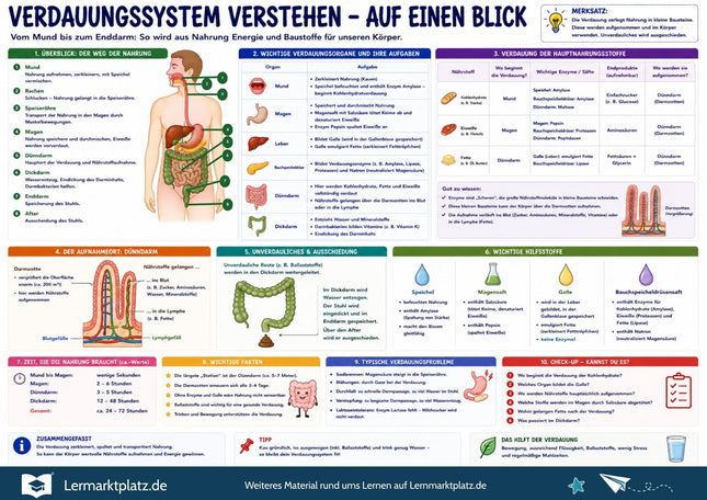 Verdauungssystem verstehen – Organe, Verdauung & Nährstoffe einfach erklärt – Lernposter / Lernplakat als PDF