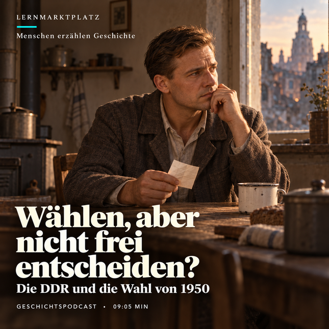 Wählen, aber nicht frei entscheiden? – Die DDR und die Wahl von 1950. KI-Illustration des erfundenen Ernst; kein historisches Foto, kein authentischer Stimmzettel oder Zeitzeugenbericht.