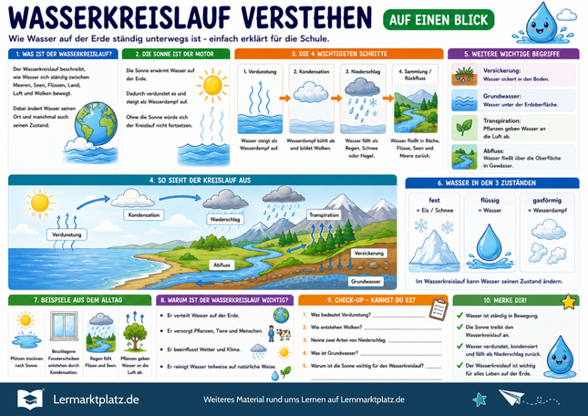 Wasserkreislauf verstehen – Verdunstung, Wolkenbildung & Niederschlag einfach erklärt – Lernposter / Lernplakat als PDF