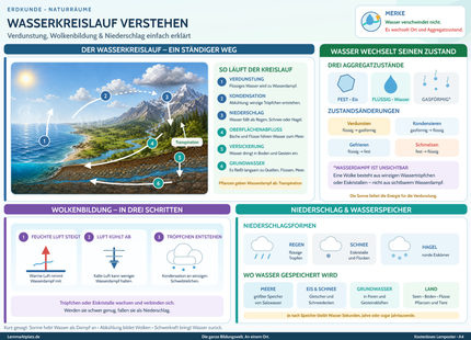 Wasserkreislauf verstehen – Verdunstung, Wolkenbildung & Niederschlag einfach erklärt – Lernposter / Lernplakat als PDF