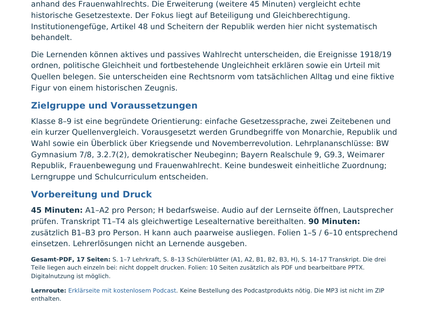 Originale Lehrerübersicht mit Lernzielen, Klassenstufe, Vorbereitung und Druckhinweisen.