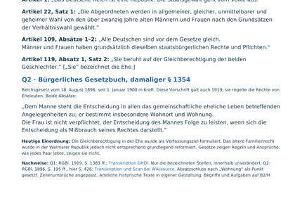 Originales Quellenblatt B1: Weimarer Verfassung und damaliger § 1354 BGB im Vergleich.
