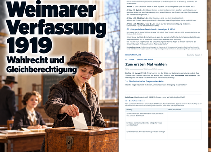 Weimarer Verfassung 1919: Unterrichtseinheit für Klasse 8–9. KI-Illustration einer Wahlsituation und originale Arbeitsblattvorschauen.