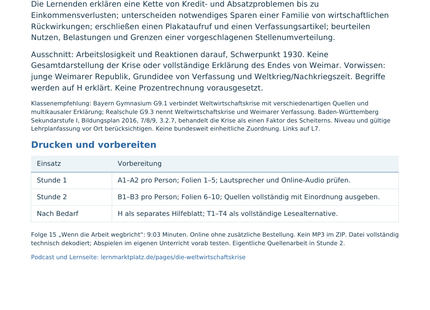 Originalvorschau: Lehrerübersicht zur Unterrichtseinheit Weltwirtschaftskrise