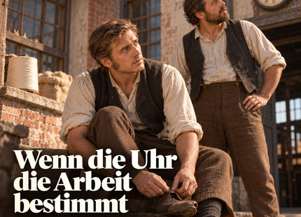 Wenn die Uhr die Arbeit bestimmt – KI-Illustration des erfundenen Spinners Friedrich beim Binden seines Schuhriemens vor einer Fabrik; keine genaue Rekonstruktion Cromfords.