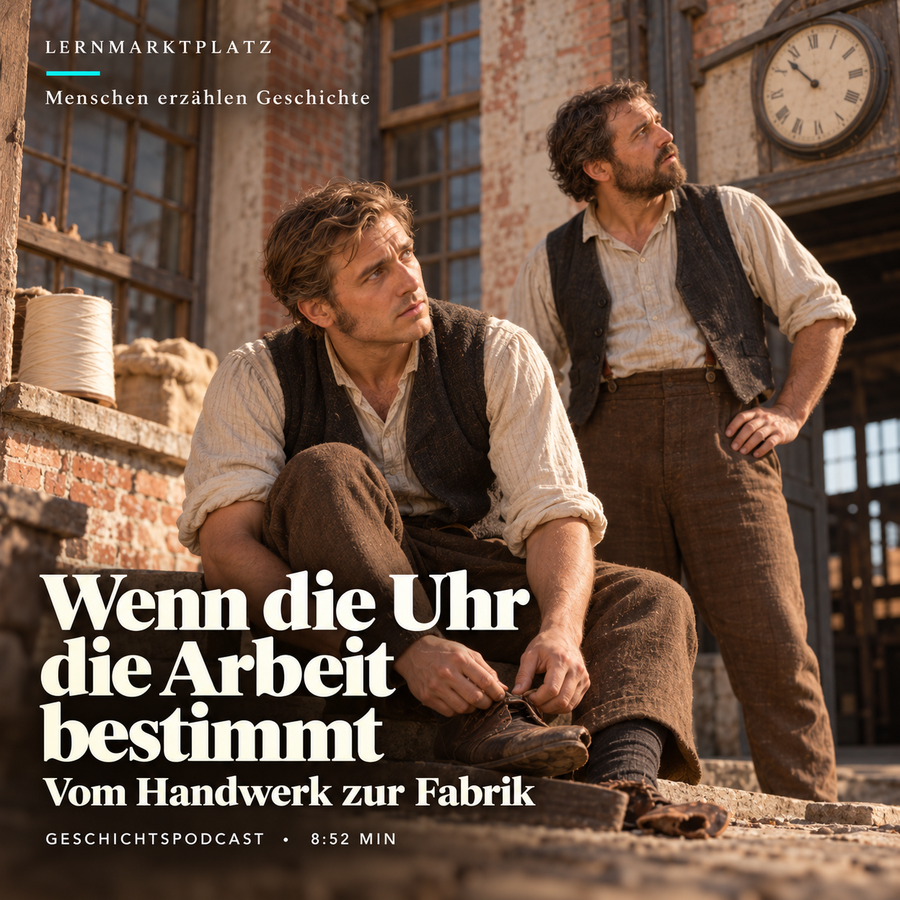 Wenn die Uhr die Arbeit bestimmt – KI-Illustration des erfundenen Spinners Friedrich beim Binden seines Schuhriemens vor einer Fabrik; keine genaue Rekonstruktion Cromfords.