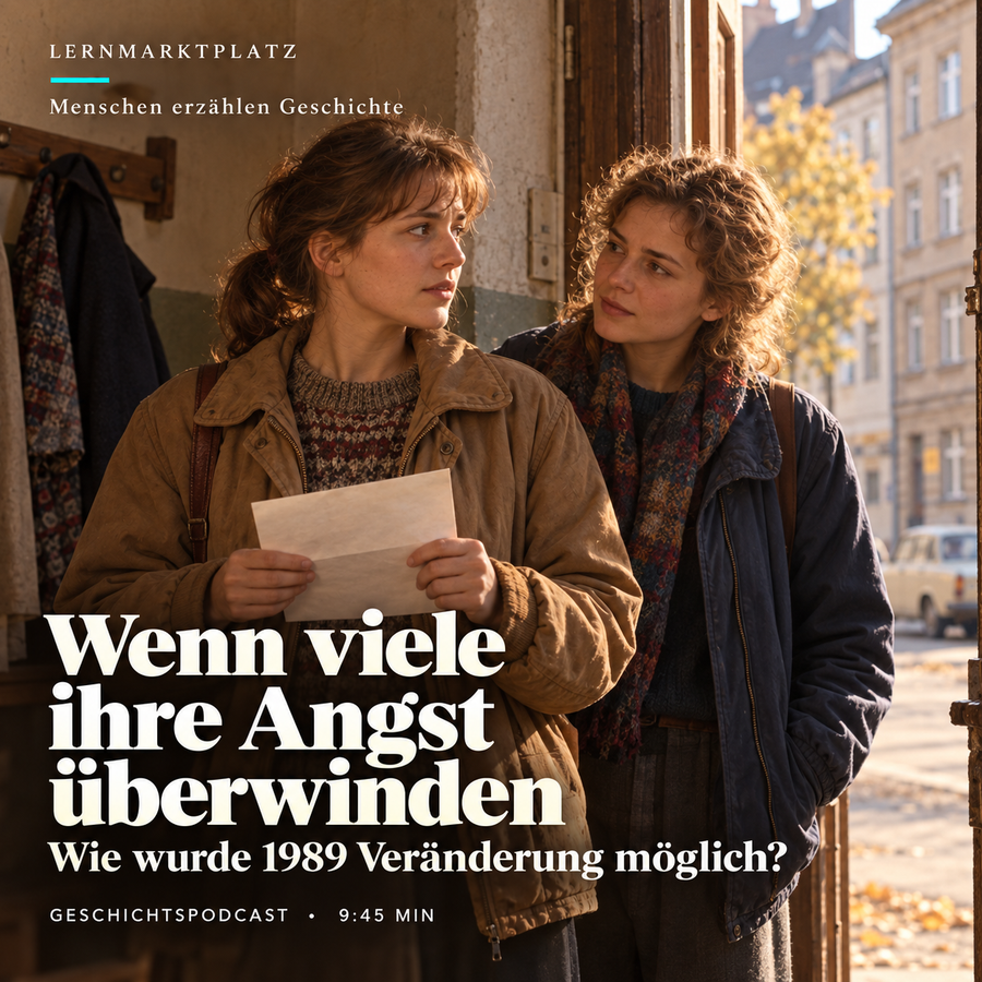 Wenn viele ihre Angst überwinden – KI-Illustration der erfundenen Katrin und ihrer Freundin vor dem Aufbruch, Leipzig 1989.