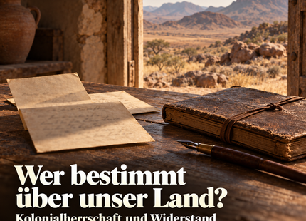 Wer bestimmt über unser Land? – Kolonialherrschaft und Widerstand. KI-Symbolbild mit Briefen und Landschaft; keine historische Bildquelle.