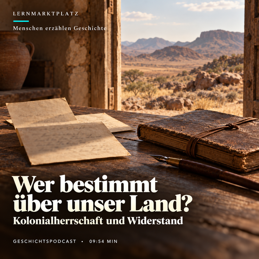Wer bestimmt über unser Land? – Kolonialherrschaft und Widerstand. KI-Symbolbild mit Briefen und Landschaft; keine historische Bildquelle.
