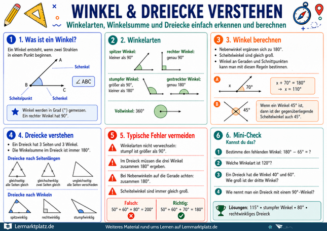 Winkel & Dreiecke verstehen – Winkelarten, Winkelsumme & Dreiecke – Lernposter / Lernplakat als PDF